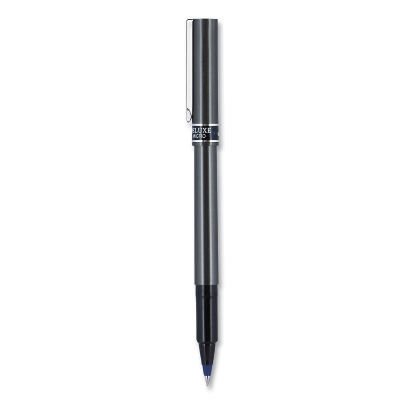 uniball Deluxe Roller Ball Pen, Stick, Micro 0.5 mm, Blue Ink, Metallic Gray Barrel, Dozen