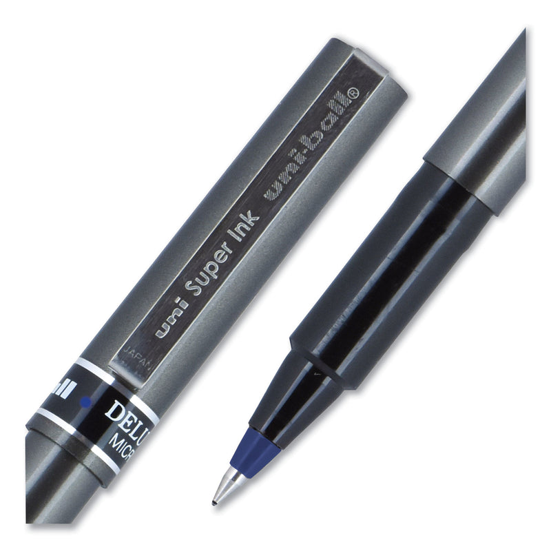 uniball Deluxe Roller Ball Pen, Stick, Micro 0.5 mm, Blue Ink, Metallic Gray Barrel, Dozen