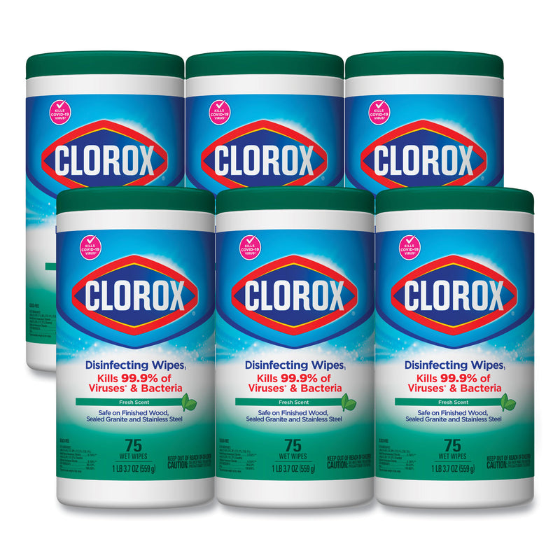 Clorox Disinfecting Wipes, Fresh Scent, 7 x 8, Fresh Scent, White, 75/Canister, 6 Canisters/Carton