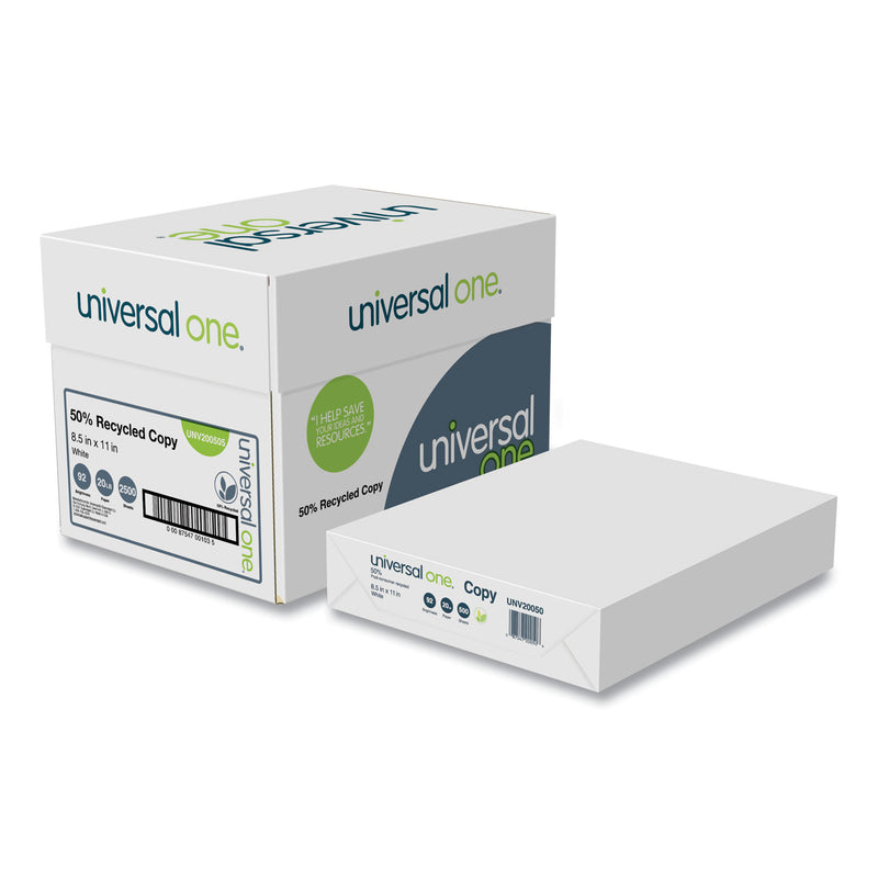 Universal 50% Recycled Copy Paper, 92 Bright, 20 lb Bond Weight, 8.5 x 11, White, 500 Sheets/Ream, 5 Reams/Carton