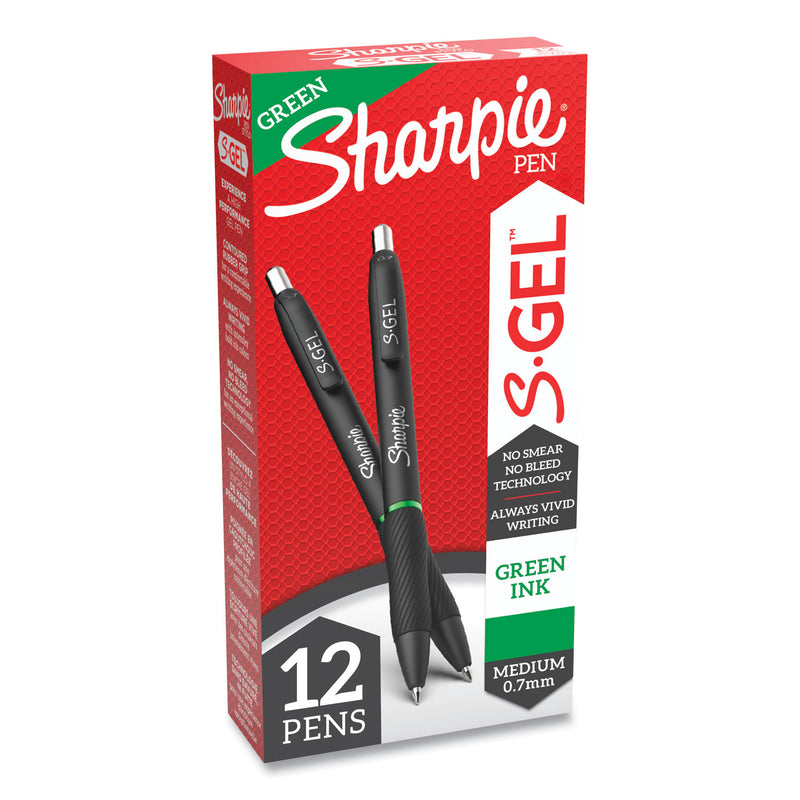 Sharpie S-Gel High-Performance Gel Pen, Retractable, Medium 0.7 mm, Green Ink, Black Barrel, Dozen