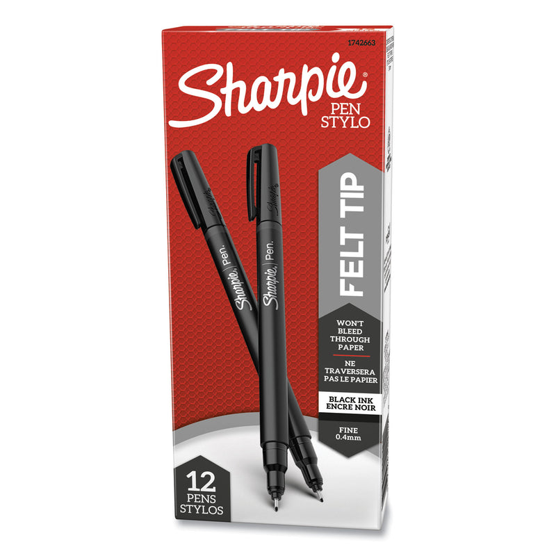 Sharpie Water-Resistant Ink Porous Point Pen, Stick, Fine 0.4 mm, Black Ink, Black/Gray Barrel, Dozen