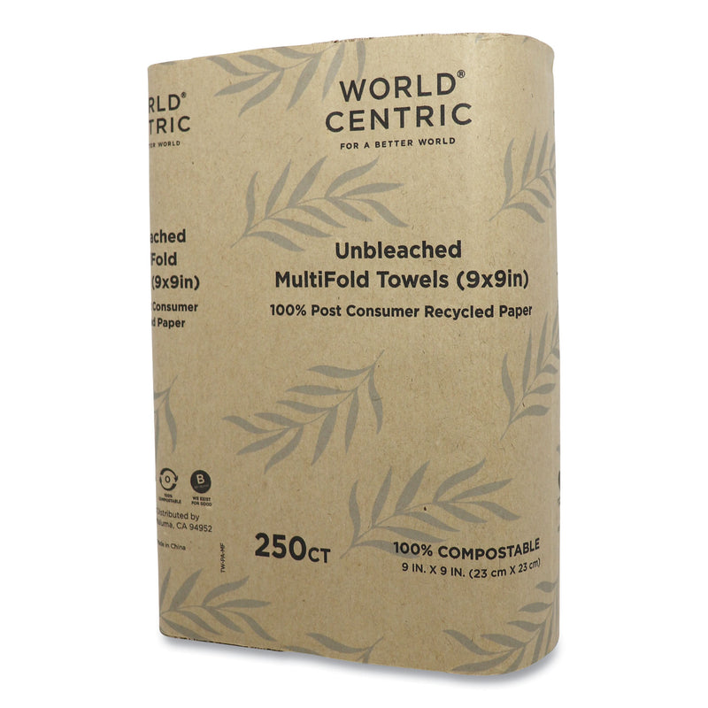 World Centric 100 Percent PCW Recycled Paper Towels, 1-Ply, 9 x 9, Natural, 250/Pack, 16 Packs/Carton