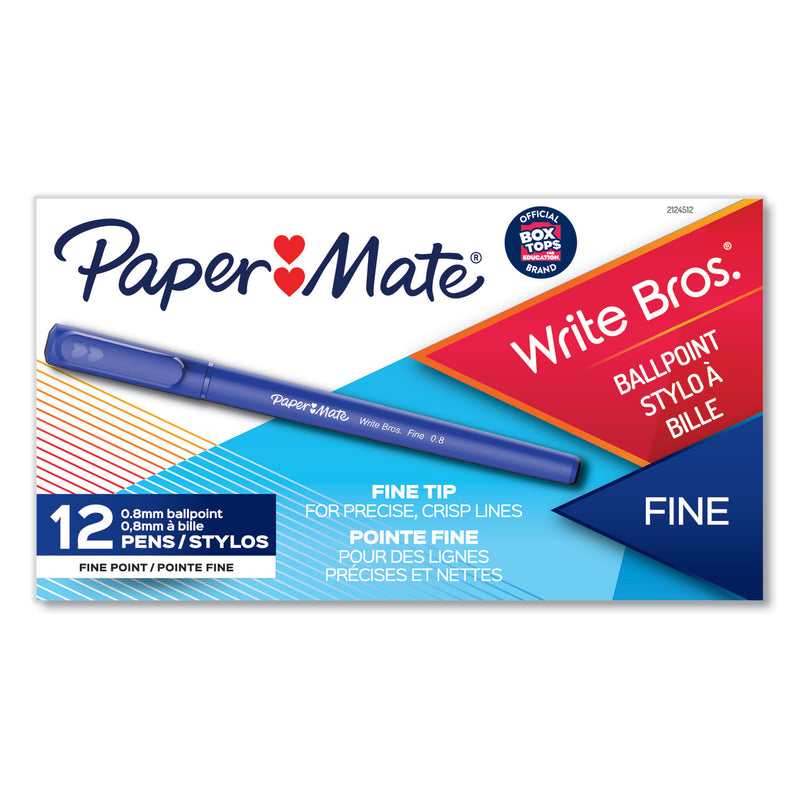 Paper Mate Write Bros. Ballpoint Pen, Stick, Fine 0.8 mm, Blue Ink, Blue Barrel, Dozen