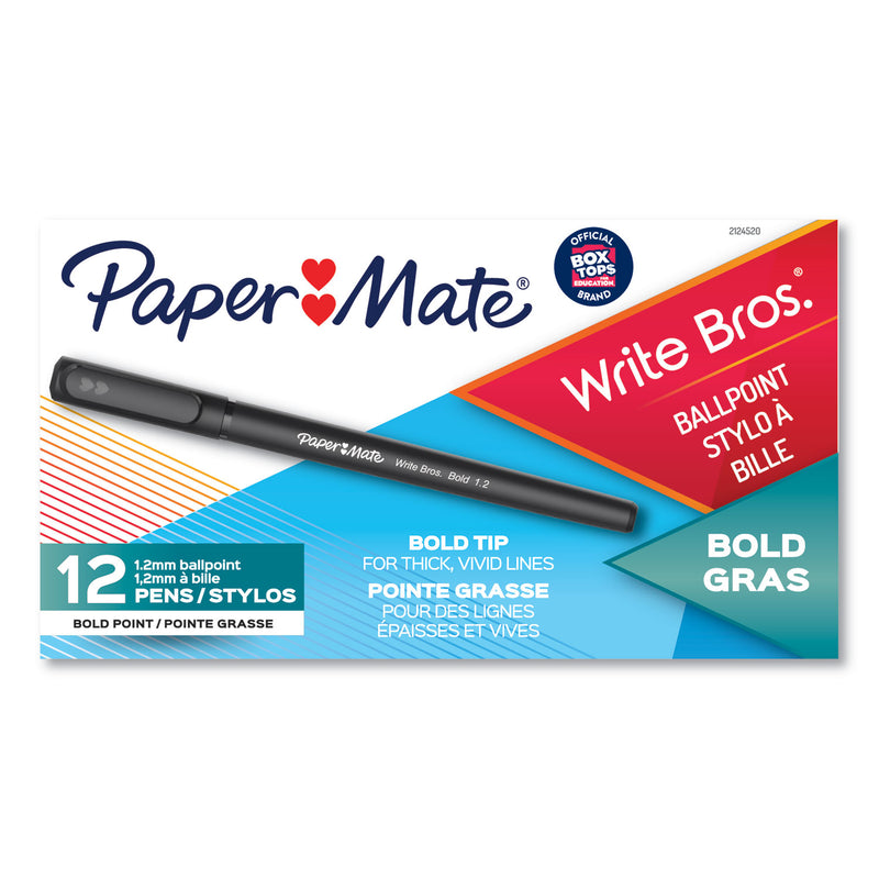 Paper Mate Write Bros. Ballpoint Pen, Stick, Bold 1.2 mm, Black Ink, Black Barrel, Dozen