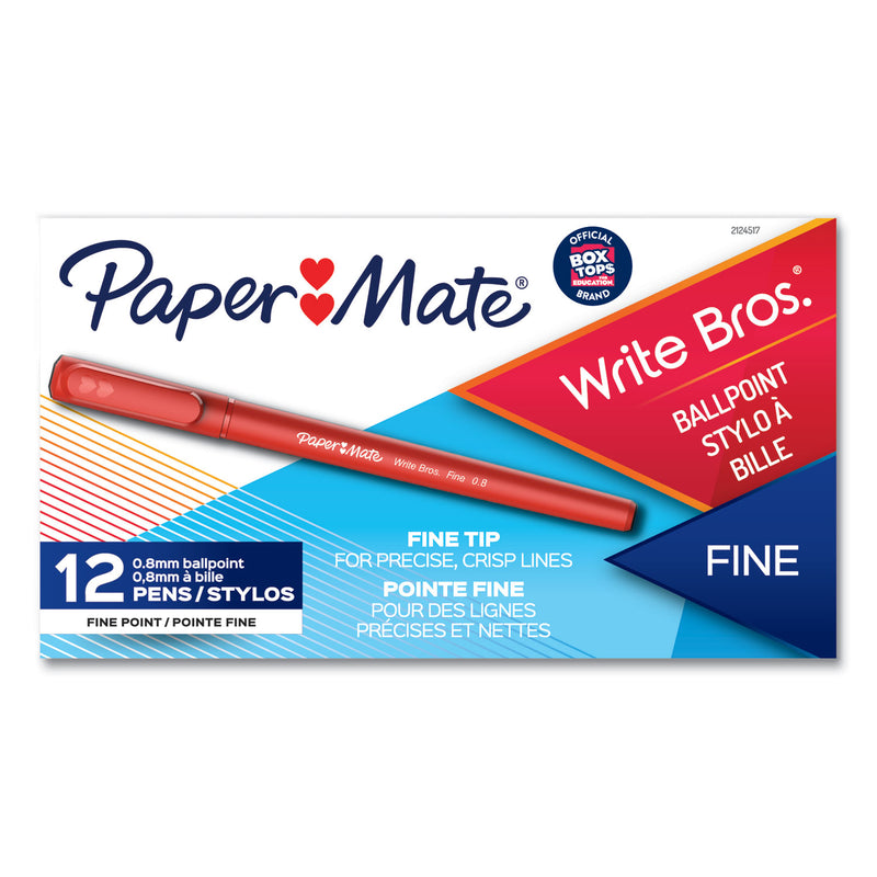 Paper Mate Write Bros. Ballpoint Pen, Stick, Fine 0.8 mm, Red Ink, Red Barrel, Dozen