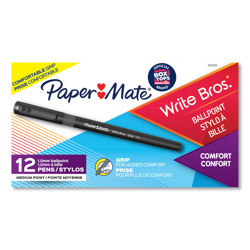 Paper Mate Write Bros. Grip Ballpoint Pen, Stick, Medium 1 mm, Black Ink, Black Barrel, Dozen