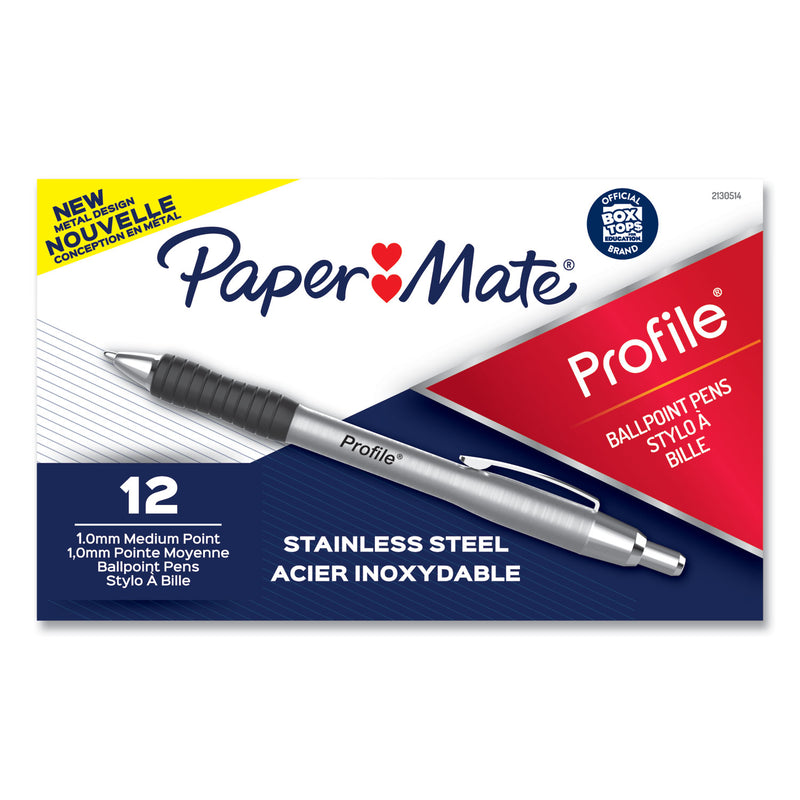 Paper Mate Profile Metal Ballpoint Pen, Retractable, Medium 1 mm, Black Ink, Silver Barrel, Dozen