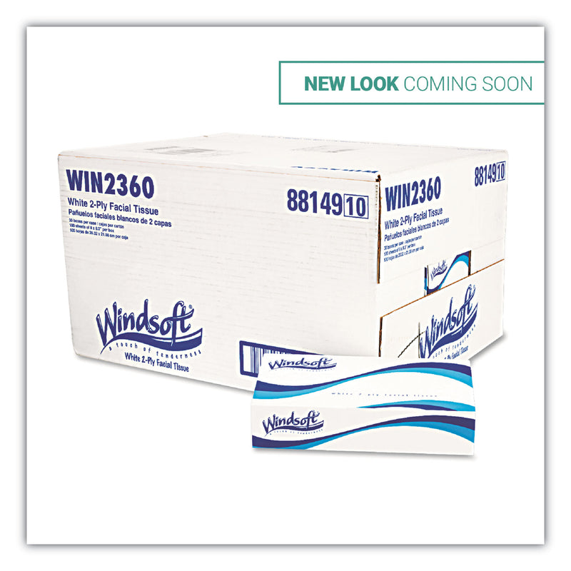 Windsoft Facial Tissue, 2 Ply, White, Flat Pop-Up Box, 100 Sheets/Box, 30 Boxes/Carton