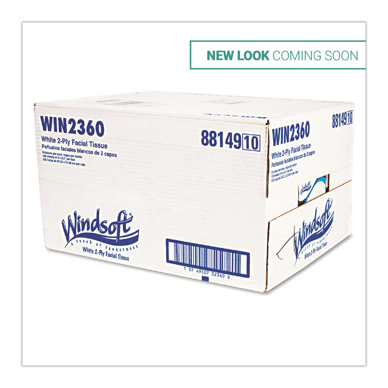 Windsoft Facial Tissue, 2 Ply, White, Flat Pop-Up Box, 100 Sheets/Box, 30 Boxes/Carton