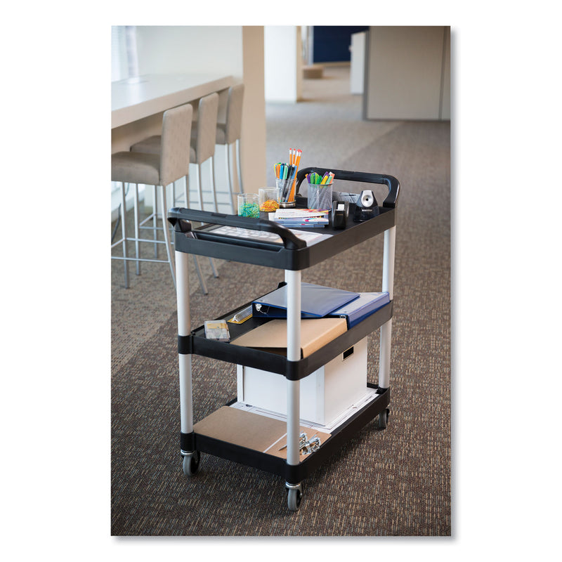 Rubbermaid Three-Shelf Service Cart, Plastic, 3 Shelves, 200 lb Capacity, 18.63" x 33.63" x 37.75", Black