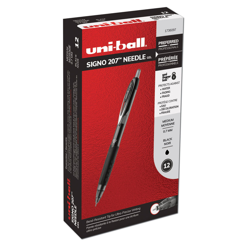 uniball Signo 207 Needle Point Gel Pen, Retractable, Medium 0.7 mm, Black Ink, Black Barrel, Dozen