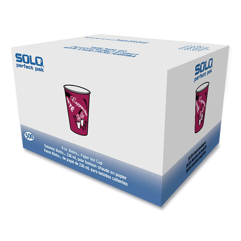 Dart Solo Paper Hot Drink Cups in Bistro Design, 8 oz, Maroon, 500/Carton