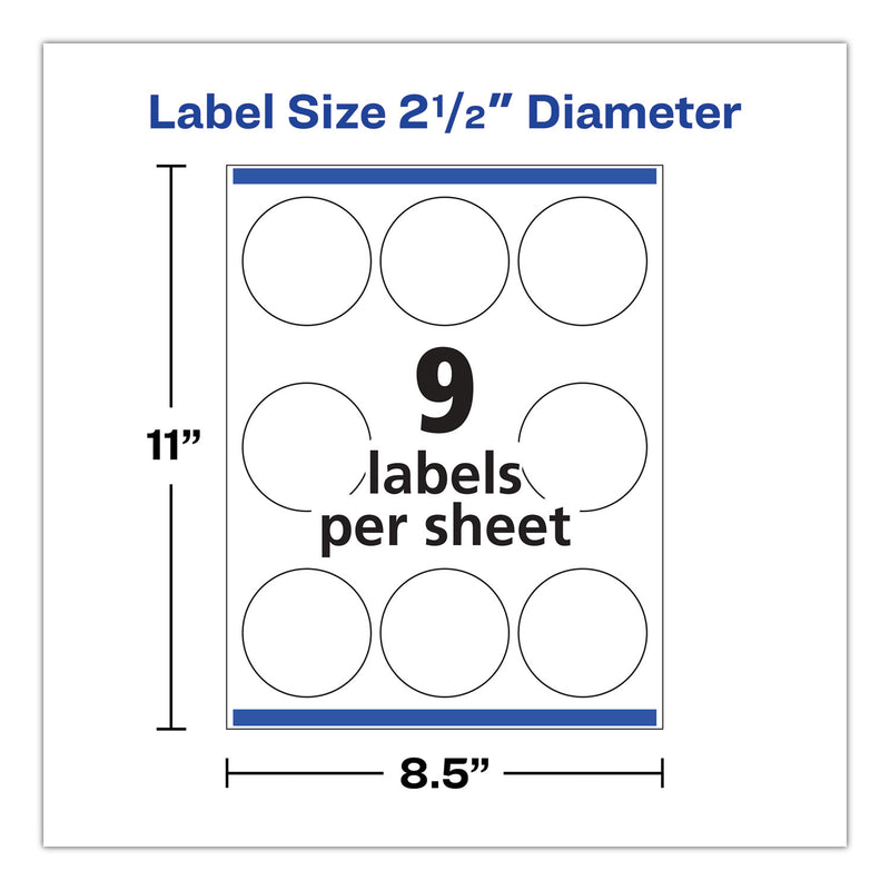 Avery Durable White ID Labels w/ Sure Feed, 2.5" dia, White, 72/Pk