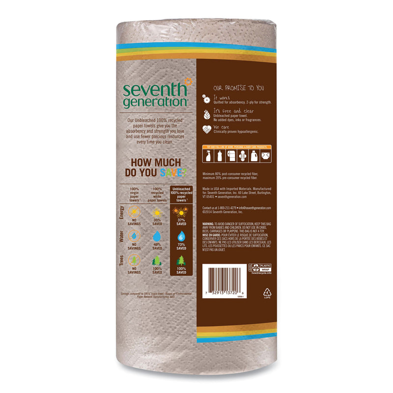 Seventh Generation Natural Unbleached 100% Recycled Paper Kitchen Towel Rolls, 2-Ply, Individually Wrapped, 11 x 9, 120/Roll, 30 Rolls/Carton