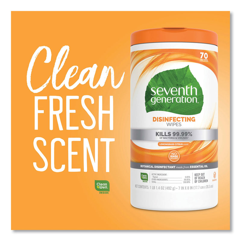 Seventh Generation Botanical Disinfecting Wipes, 7 x 8, Lemongrass Citrus, 70 Count, 6/Carton