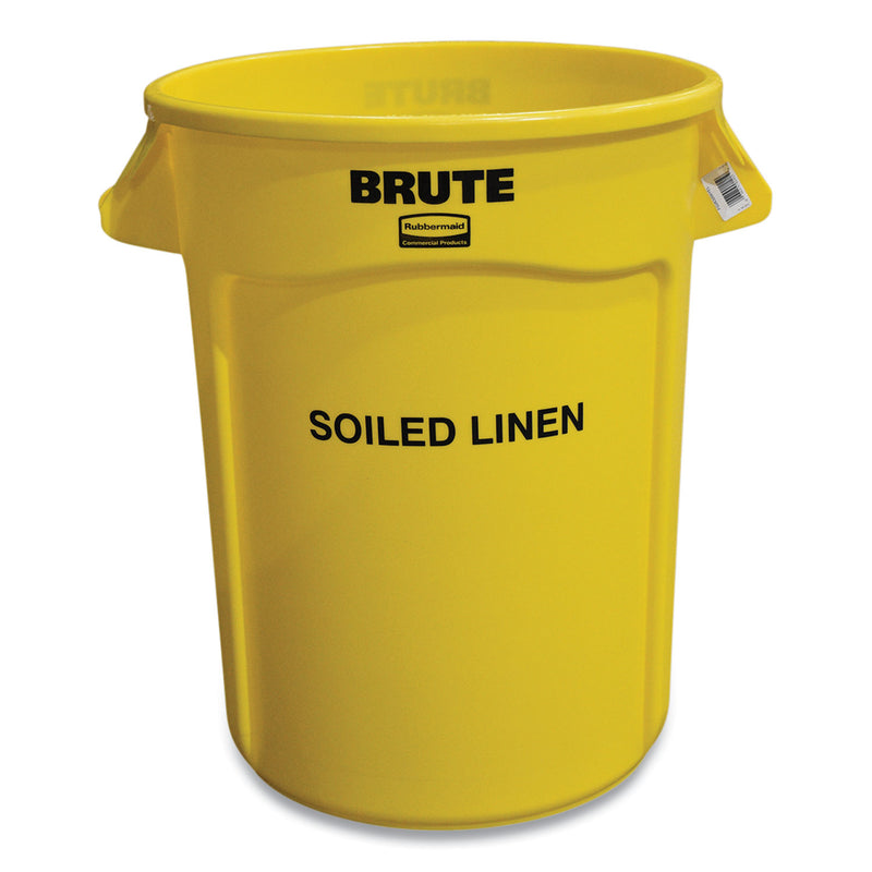 Rubbermaid Round Brute Container with "Soiled Linen" Imprint, Plastic, 32 gal, Yellow