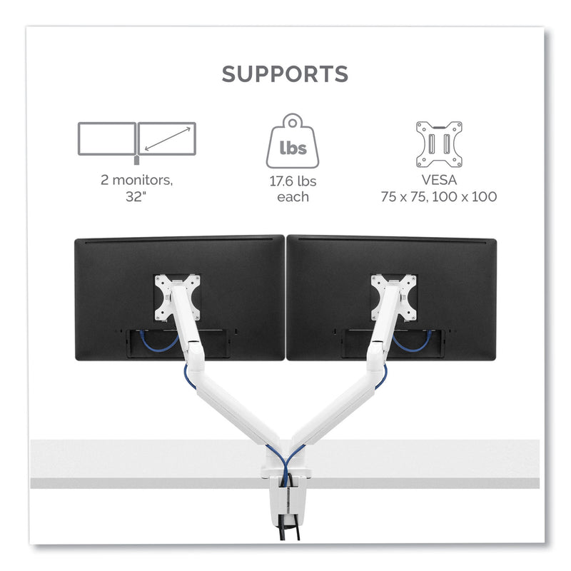 Fellowes Platinum Series Dual Monitor Arm, For 27" Monitors, 360 deg Rotation, 45 deg Tilt, 180 deg Pan, White, Supports 20 lb