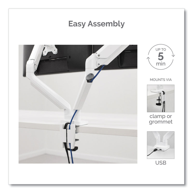 Fellowes Platinum Series Dual Monitor Arm, For 27" Monitors, 360 deg Rotation, 45 deg Tilt, 180 deg Pan, White, Supports 20 lb