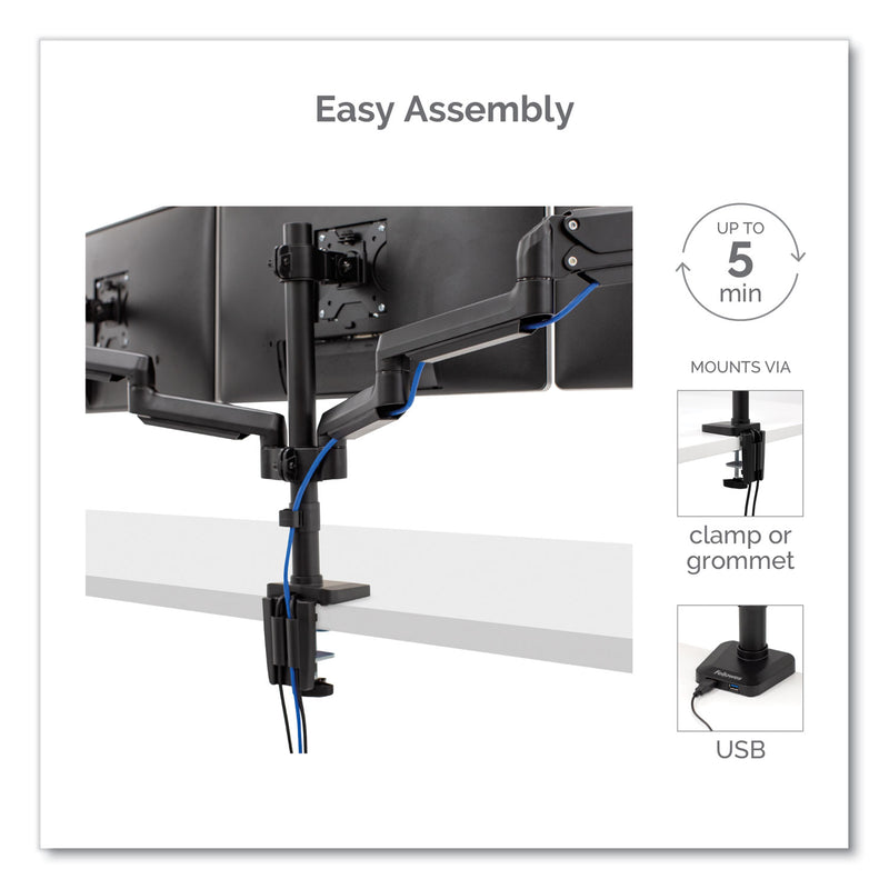 Fellowes Platinum Series Triple Monitor Arm for 27" Monitors, 360 deg Rotation, +85/-20 deg Tilt, 360 deg Pan, Black, Supports 20 lb