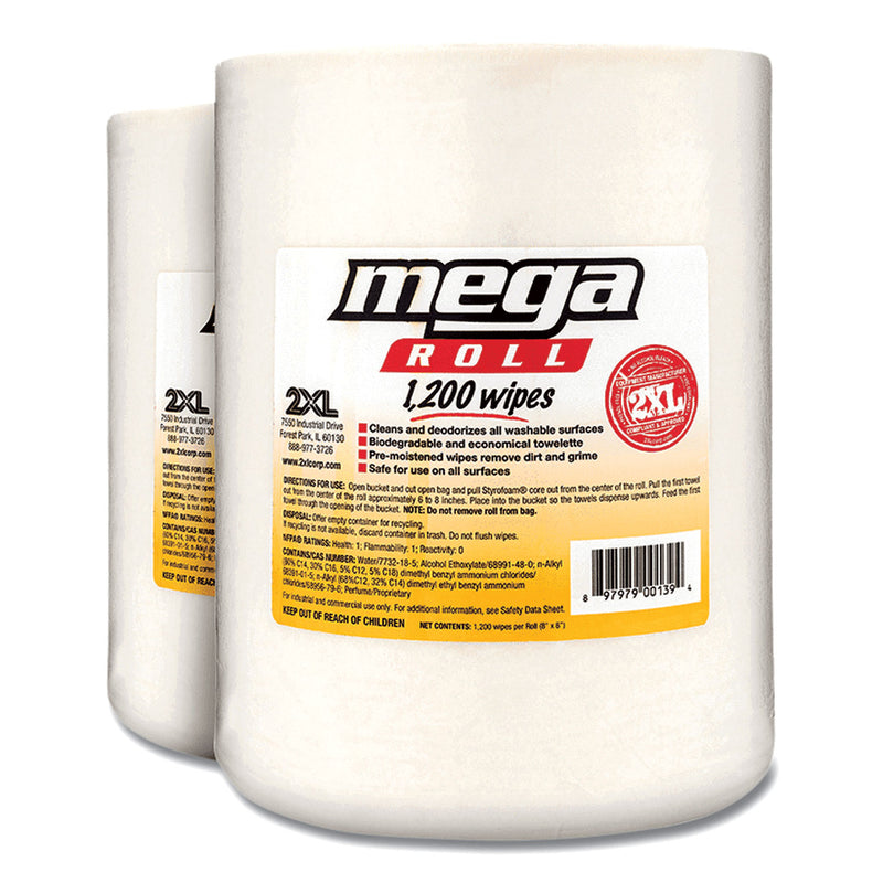 2XL Gym Wipes Mega Roll Refill, 8 x 8, White, 1,200/Roll, 2 Rolls/Carton