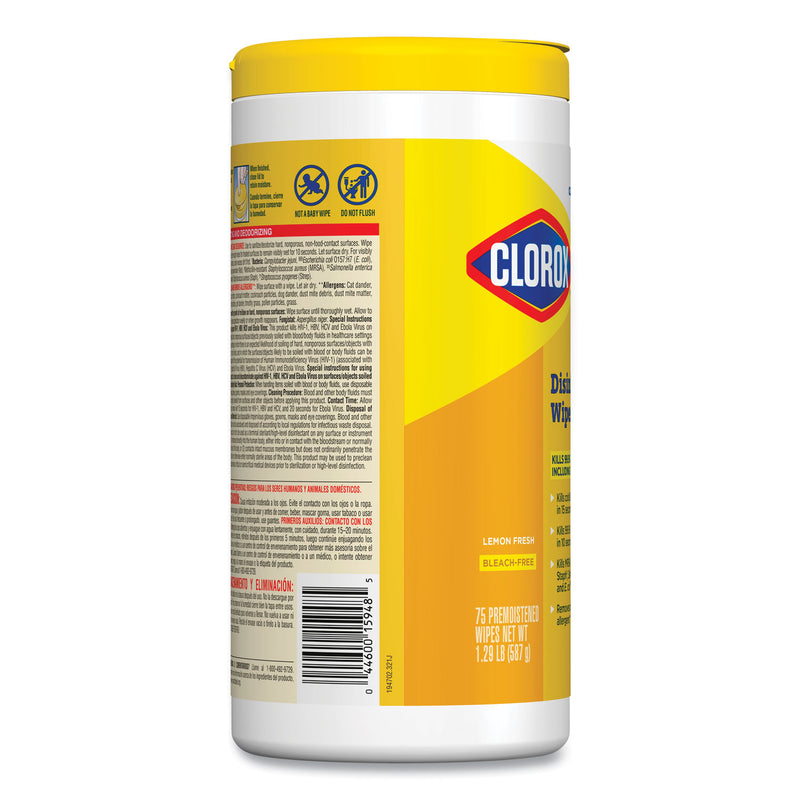 Clorox Disinfecting Wipes, 7 x 8, Lemon Fresh, 75/Canister, 6/Carton