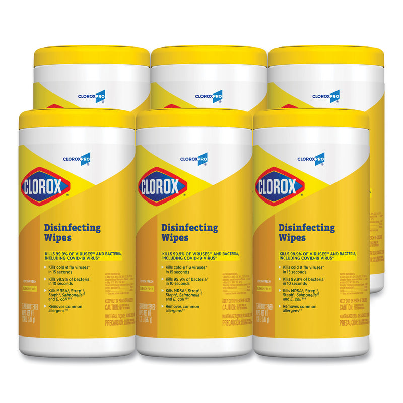 Clorox Disinfecting Wipes, 7 x 8, Lemon Fresh, 75/Canister, 6/Carton