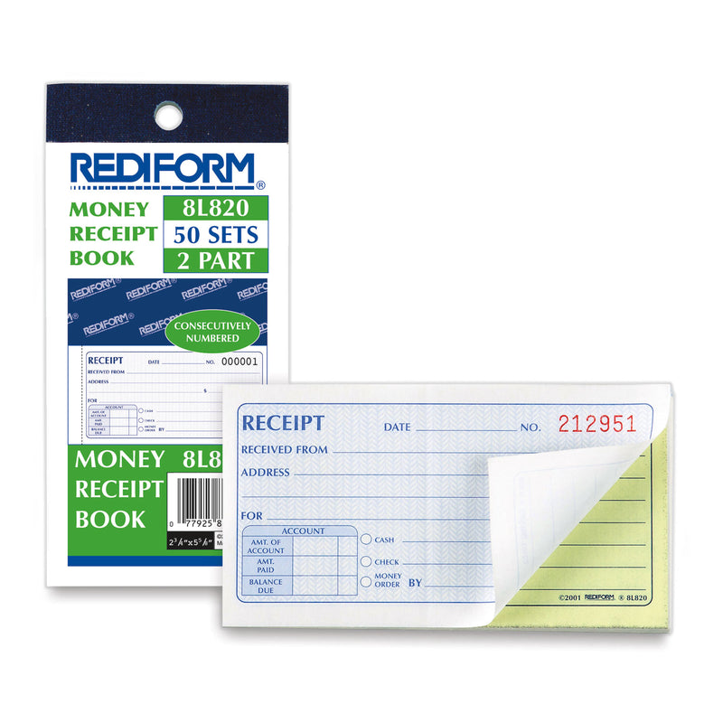 Rediform Small Money Receipt Book, Two-Part Carbonless, 5 x 2.75,  1/Page, 50 Forms