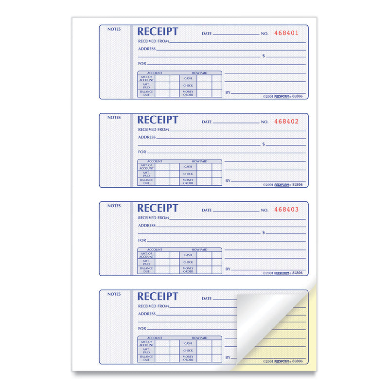 Rediform Money Receipt Book, Two-Part Carbonless, 7 x 2.75, 4/Page, 200 Forms