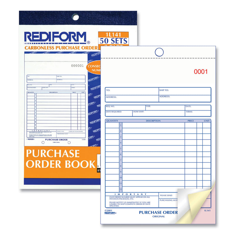 Rediform Purchase Order Book, Three-Part Carbonless, 5.5 x 7.88, 1/Page, 50 Forms