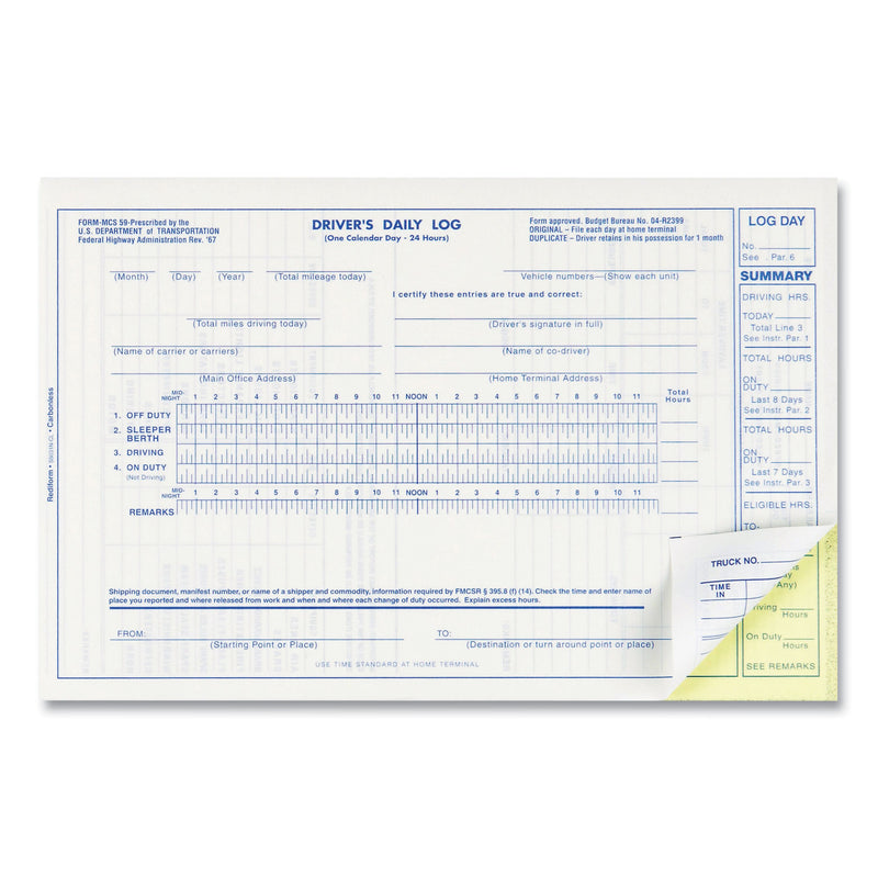 Rediform Driver's Daily Log, Two-Part Carbonless, 8.75 x 5.38, 1/Page, 31 Forms