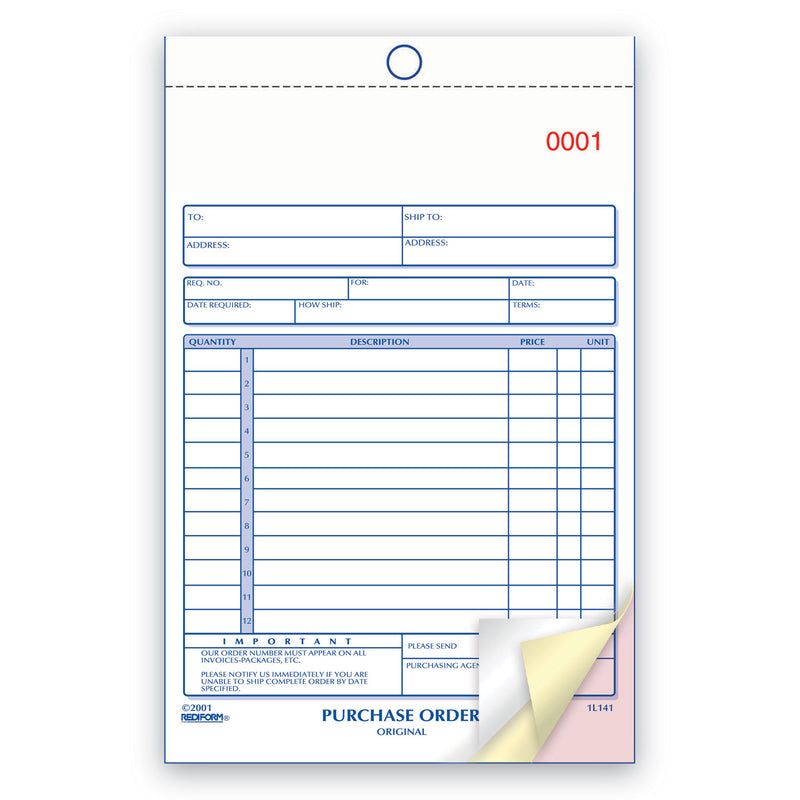 Rediform Purchase Order Book, Three-Part Carbonless, 5.5 x 7.88, 1/Page, 50 Forms