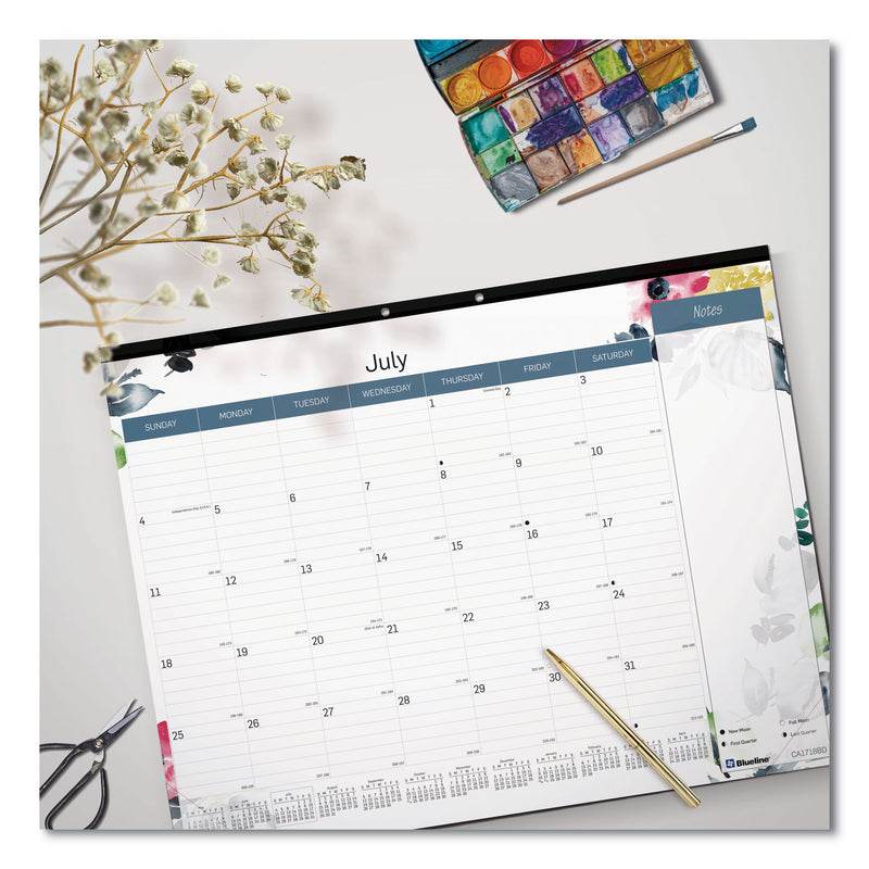 Blueline Spring Monthly Academic Desk Pad Calendar, Flora Artwork, 22 x 17, Black Binding, 18-Month (July to Dec): 2022 to 2023