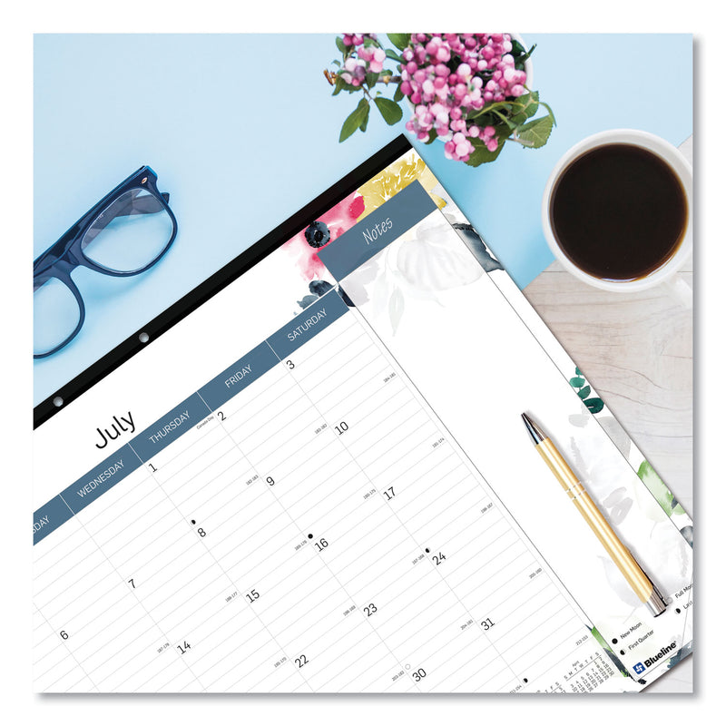 Blueline Spring Monthly Academic Desk Pad Calendar, Flora Artwork, 22 x 17, Black Binding, 18-Month (July to Dec): 2022 to 2023