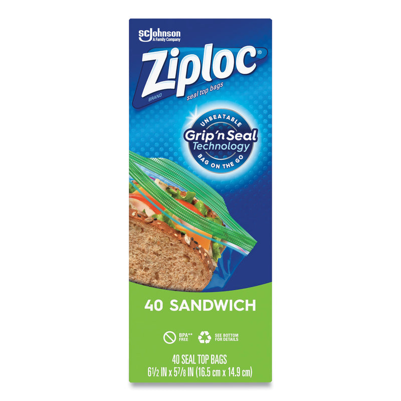 Ziploc Resealable Sandwich Bags, 1.2 mil, 6.5" x 5.88", Clear, 40/Box