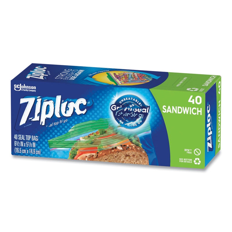 Ziploc Resealable Sandwich Bags, 1.2 mil, 6.5" x 5.88", Clear, 40/Box