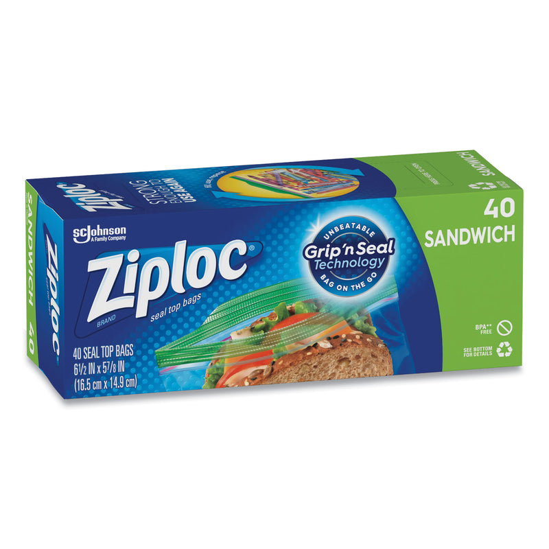 Ziploc Resealable Sandwich Bags, 1.2 mil, 6.5" x 5.88", Clear, 40/Box