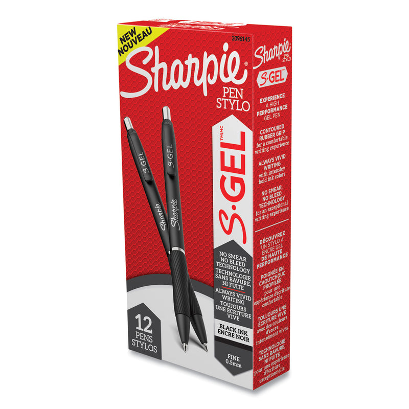 Sharpie S-Gel High-Performance Gel Pen, Retractable, Fine 0.5 mm, Black Ink, Black Barrel, Dozen