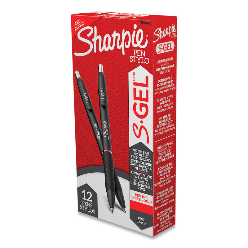 Sharpie S-Gel High-Performance Gel Pen, Retractable, Fine 0.5 mm, Red Ink, Black Barrel, Dozen