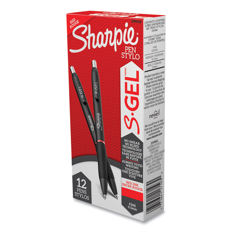 Sharpie S-Gel High-Performance Gel Pen, Retractable, Fine 0.5 mm, Red Ink, Black Barrel, Dozen