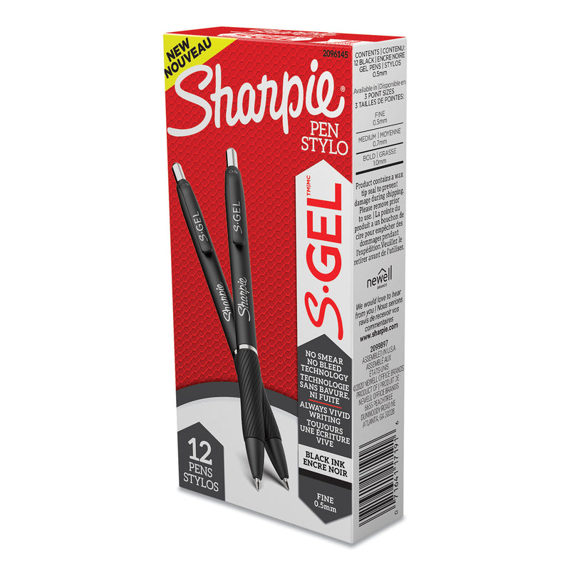 Sharpie S-Gel High-Performance Gel Pen, Retractable, Fine 0.5 mm, Black Ink, Black Barrel, Dozen