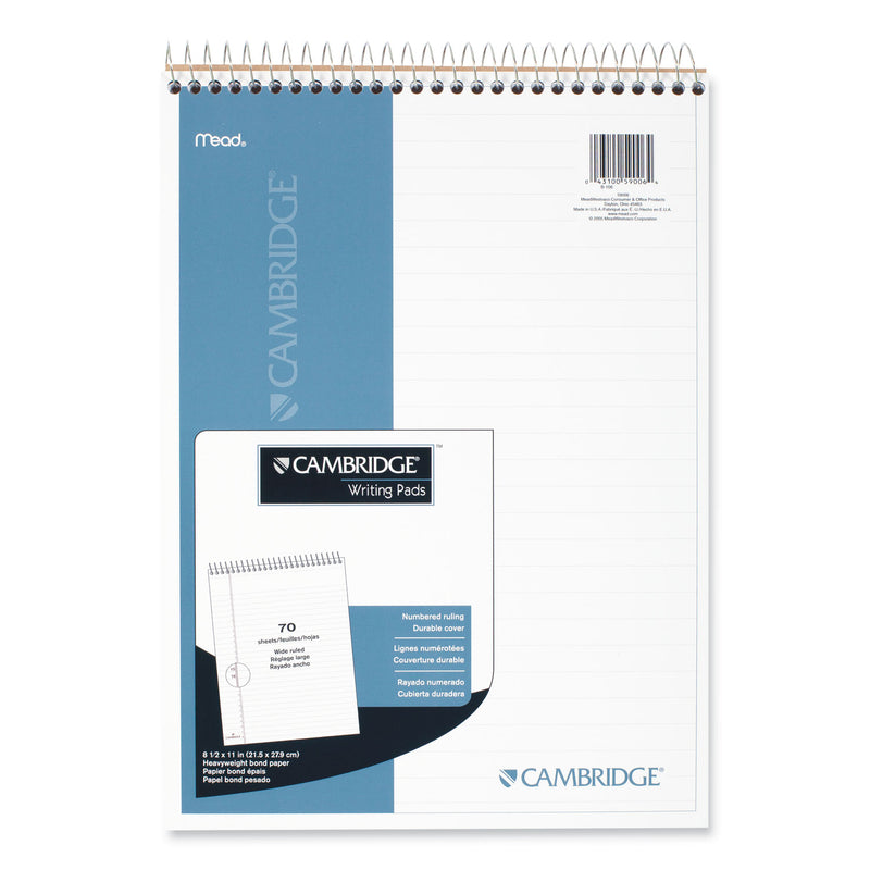 Cambridge Stiff-Back Wire Bound Pad, Wide/Legal Rule, Numbered (1-28 Front, 29-56 Back), Black/Blue Cover, 70 White 8.5 x 11.5 Sheets