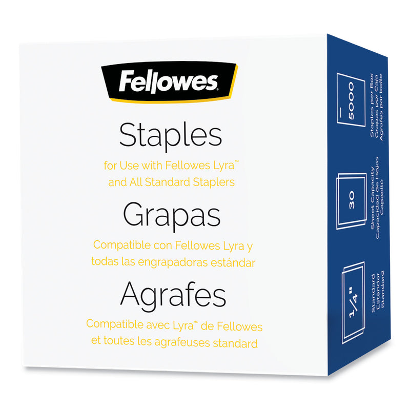 Fellowes Standard 0.25" Full Strip Staples, 0.25" Leg, 0.5" Crown, Steel, 5,000/Pack