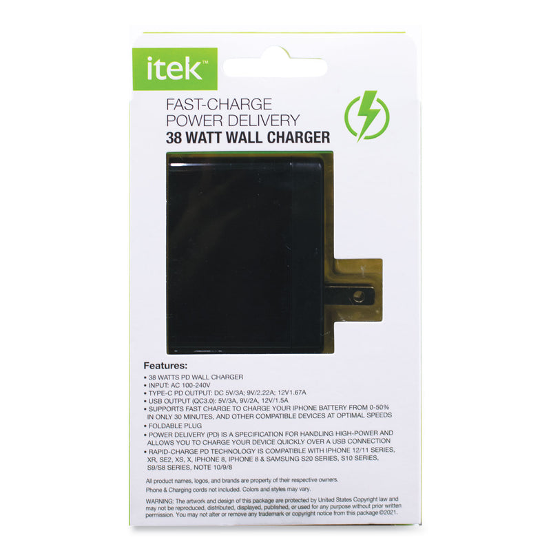 Itek Wall Charger, 38 W, USB-C, Black