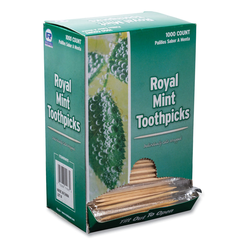 AmerCareRoyal Mint Cello-Wrapped Wood Toothpicks, 2.5", Natural, 1,000/Box, 15 Boxes/Carton