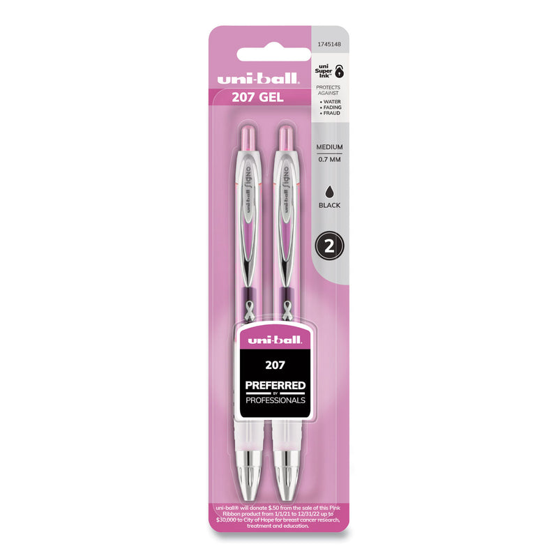 uniball Signo 207 Gel Pen, Retractable, Medium 0.7 mm, Black Ink, Pink Barrel, 2/Pack