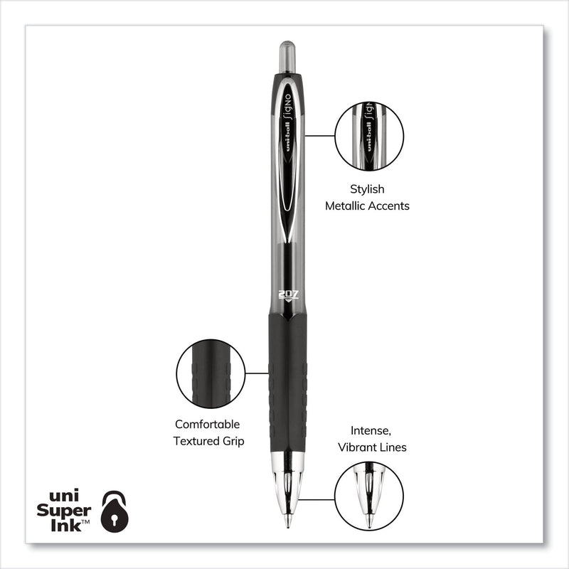 uniball Signo 207 Gel Pen, Retractable, Medium 0.7 mm, Assorted Ink Colors, Black Barrel, 8/Pack