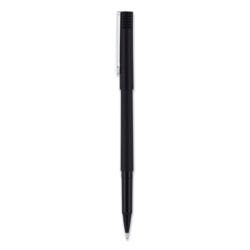 uniball Roller Ball Pen, Stick, Micro 0.5 mm, Black Ink, Black Barrel, 72/Pack