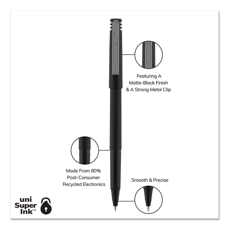 uniball Roller Ball Pen, Stick, Micro 0.5 mm, Black Ink, Black Barrel, 72/Pack