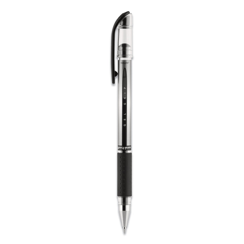 uniball Signo GRIP Gel Pen, Stick, Medium 0.7 mm, Black Ink, Silver/Black Barrel, Dozen